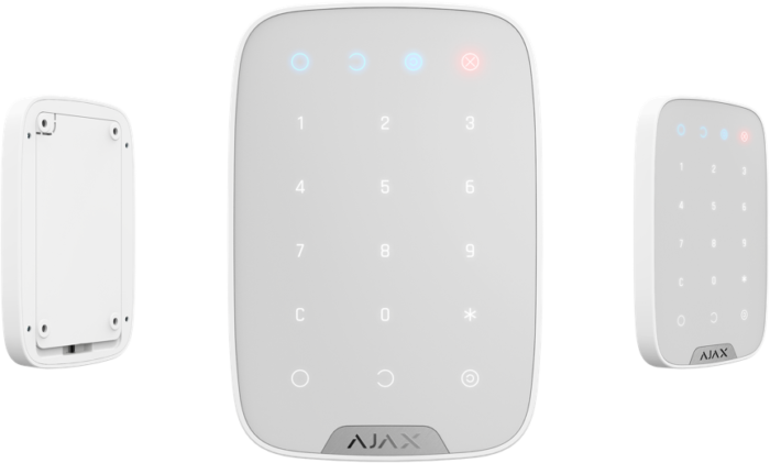 Vue de KeyPad Plus blanc, clavier sans fil avec prise en charge de cartes pour système de sécurité Ajax.