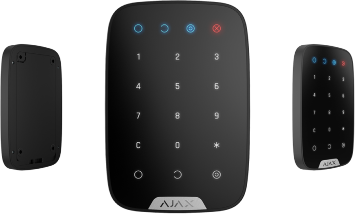 Vue de KeyPad Plus, clavier sans fil avec prise en charge de cartes pour système de sécurité Ajax.